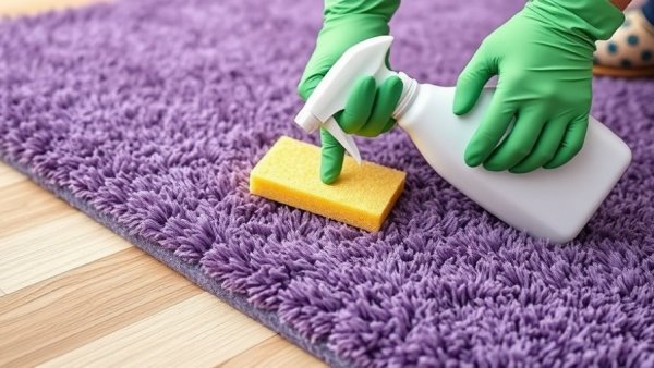 Close-up of green-gloved hands cleaning a purple polyester rug using a sponge.
