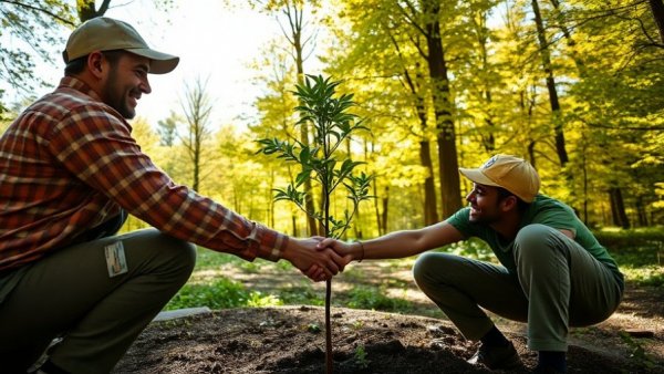 Community workers plant tree to foster change in sunlit forest.