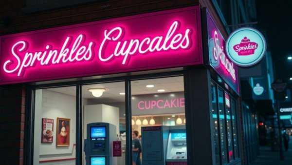 Sprinkles Cupcakes closure with neon sign and Cupcake ATM at night.