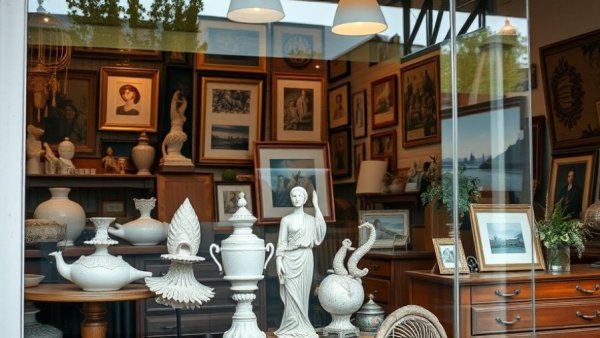 Thrift store window displaying eclectic vintage art and sculptures.