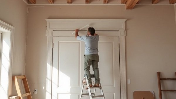 Applying limewash closet technique in unfinished room with ladder and drawers.