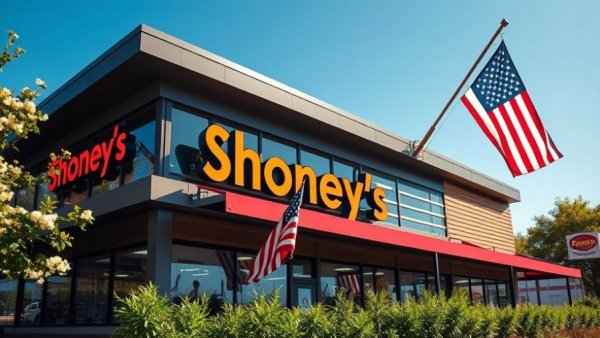 AI in restaurants: modern Shoney's with sleek design and vibrant signage.