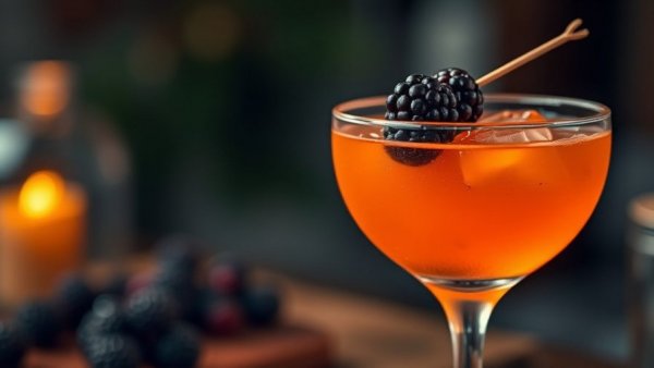 Elegant Ponzu Sushi Signature Cocktail with blackberries and skewered garnish.