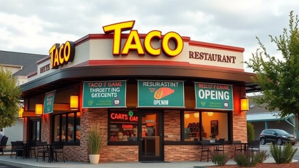Best Taco Restaurant exterior view, featuring opening signage.