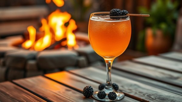 Palm Springs International Film Festival cocktail with blackberry garnish near fire pit.