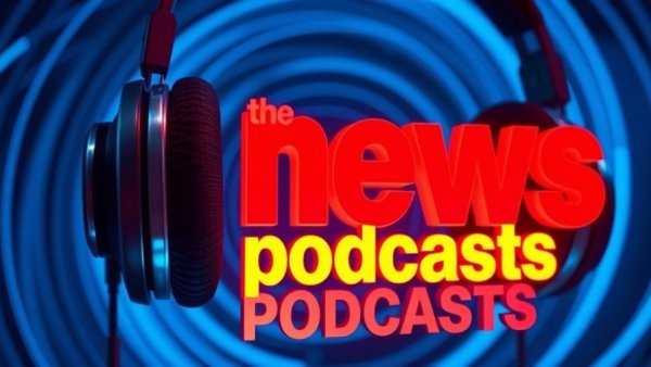 Futuristic podcast design with headphones and 'NEWS PODCASTS' text, HVAC theme.