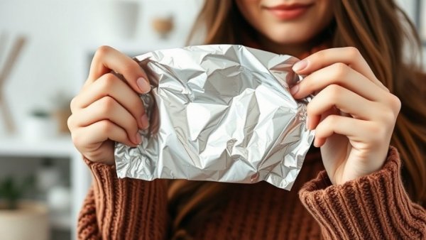 Aluminum Foil Hacks for Winter: Woman holding foil indoors.