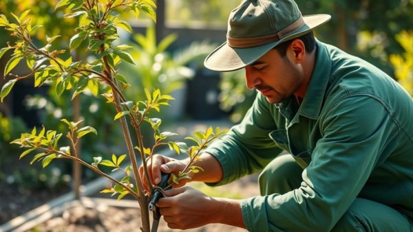 Gardener meticulously trims plant in 2026, focusing on details.