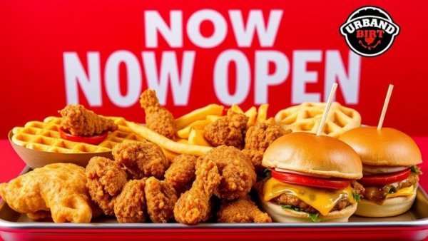 Urban Bird Hot Chicken Expansion announcement with food items.