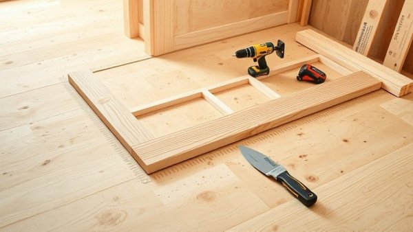 Construction setup for building a shower curb with wooden boards and tools.