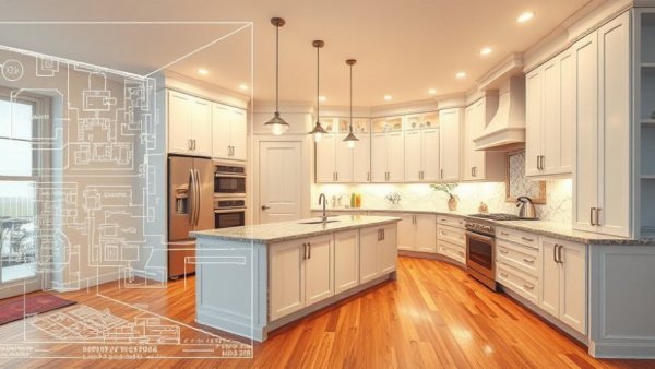 Modern kitchen with blueprint overlay for remodeling design inspiration.