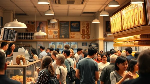 Jeff's Bagel Run growth strategy seen in a busy shop with diverse customers.