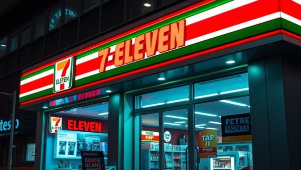 Futuristic 7-Eleven storefront with neon signage at night, highlighting 2026 transformation.