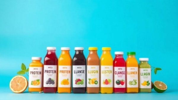 Vibrant Nékter Juice Bar protein cleanse lineup against a blue backdrop.