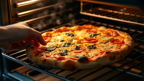 Delicious pizza being removed from oven by red mitt. Best Pizza Chain for Customer Service.