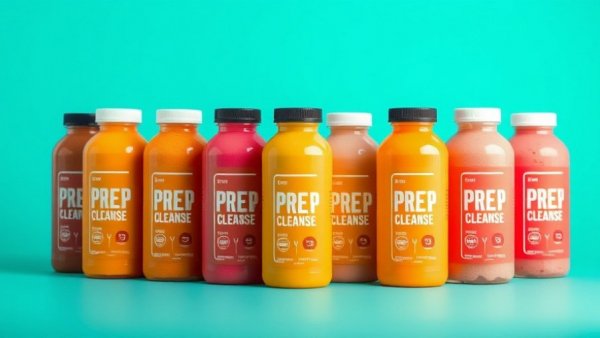 Protein Cleanse: Assorted bottles with bright labels on turquoise background.