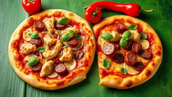 High-protein pizza options with chicken and sausage toppings.