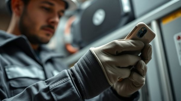 HVAC technician using smartphone with gloves in industrial setting.