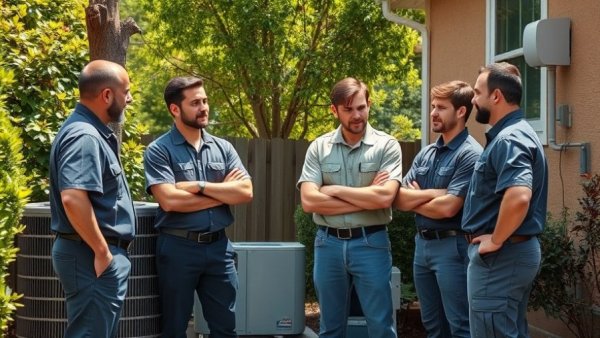 HVAC technicians at work discussing outdoors, HVAC construction market recovery 2026.