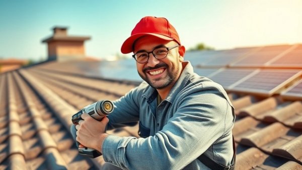 Cheerful man performing DIY roof repair with power drill