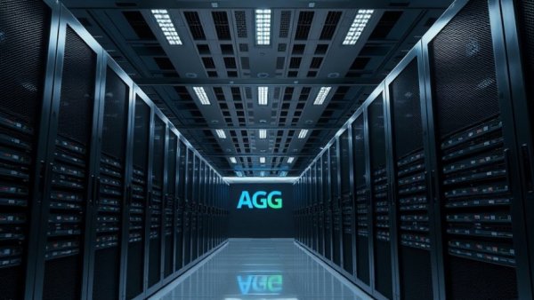 Modern server room with AGC logo, focusing on construction industry trends 2026.