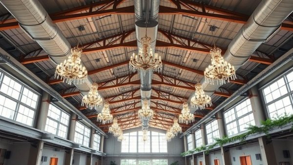 Spacious event space showcasing duct insulation solutions and chandeliers.