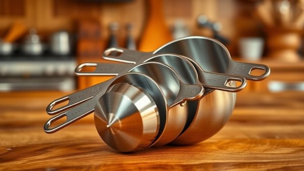 Organized stainless steel measuring cups on wooden kitchen surface.