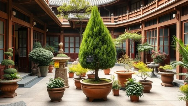 Variety of potted plants including compact hinoki cypress in ornate courtyard.