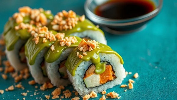 Uji matcha sushi menu with rolls topped with matcha sauce and soy sauce.