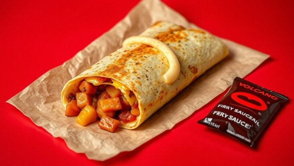 Taco Bell Volcano Quesarito with fire sauce on rustic paper.