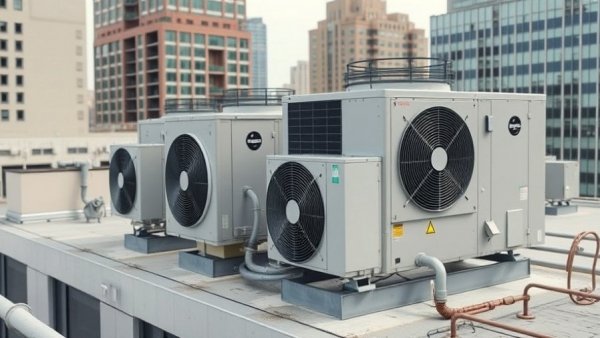Modern HVAC solutions for urban building rooftop cooling systems.
