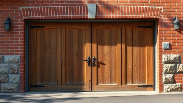 Wooden garage door with common problems like wear, set in brick wall.