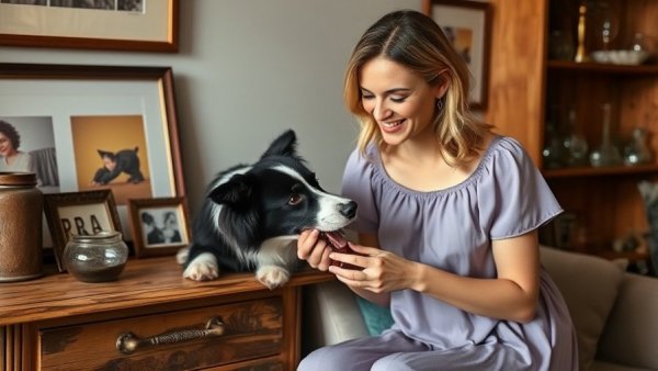 Woman in lavender dress feeding dog indoors, cozy home setting.