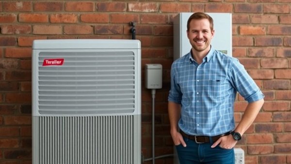 Man promoting electric heating adoption with HVAC unit.