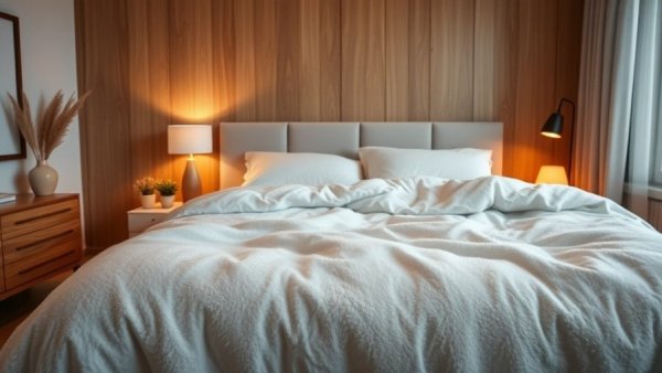 Elegant bedroom with sherpa comforter, serene ambiance.