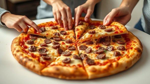 People enjoying a free large pizza, sharing slices.