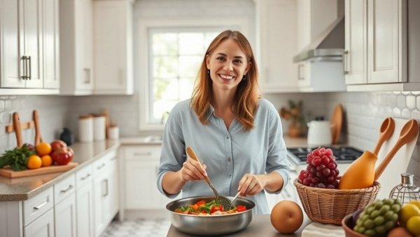 Woman preparing high-protein dinner in modern kitchen.