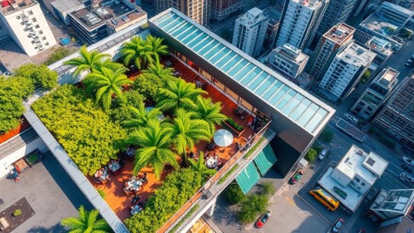 Aerial view of a covered outdoor dining area with lush greenery.