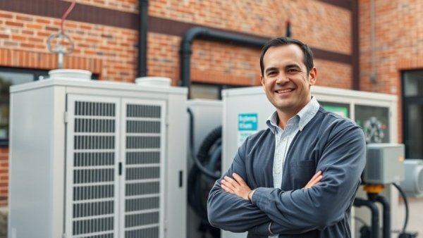 Hydrogen fuel cell solutions for hospital energy needs; smiling individual next to unit.