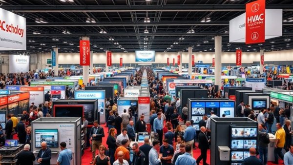 Crowded AHR Expo 2023 exhibition hall showcasing HVAC innovations.