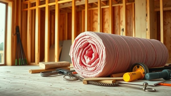 Tools and materials for maximizing home heating efficiency in construction scene.