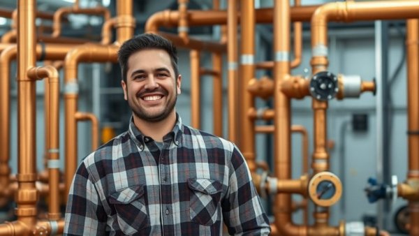 Smiling man with copper pipes; decarbonizing defense with HVAC system.