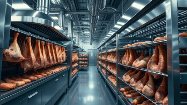Airflow diffusers in a meat processing facility with meat racks.