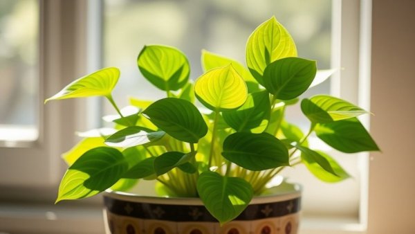 Vibrant pothos plant in decorative pot by sunny window.