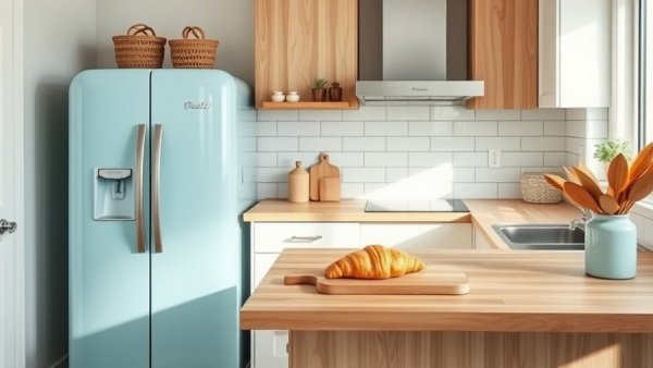 Chic kitchen with a vintage blue refrigerator and elegant decor.