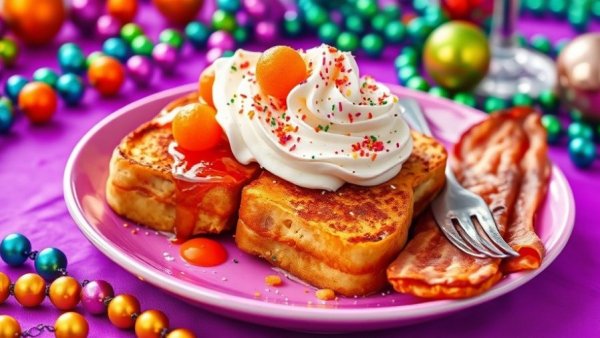 Vibrant Ruby Slipper Carnival Menu brunch plate with French toast and bacon.