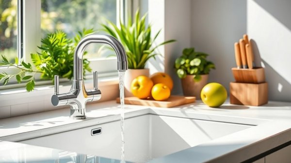Modern kitchen sink with faucet flowing, bright and fresh atmosphere.