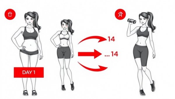 Illustration of process to lose stubborn belly fat quickly, from Day 1 to 14 transformation.