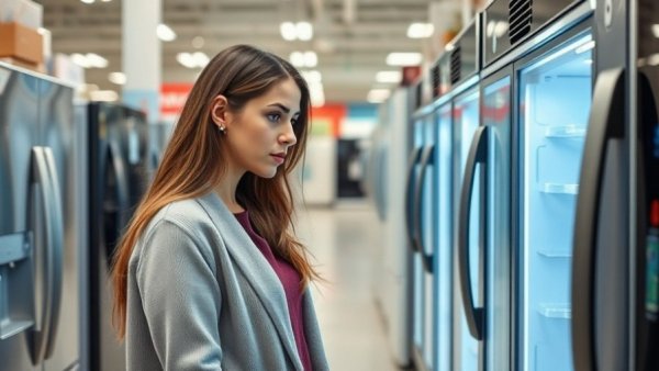Young woman examines home ice maker models amid 2026 appliance trends.