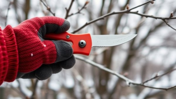 Gloved hand holding pruning shears for Rowan tree winter pruning.